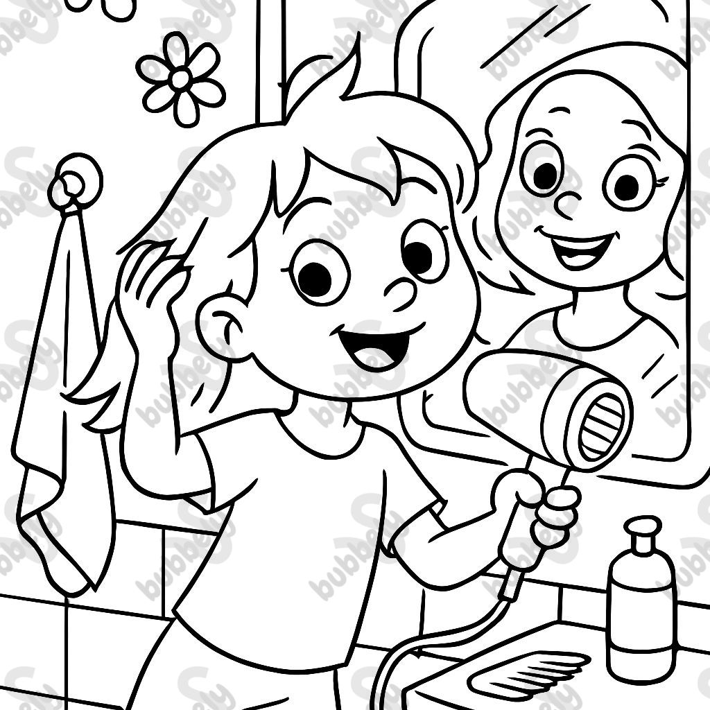 Elle se coiffe avec le séchoir devant le miroir. Elle se coiffe avec le séchoir devant le miroir.