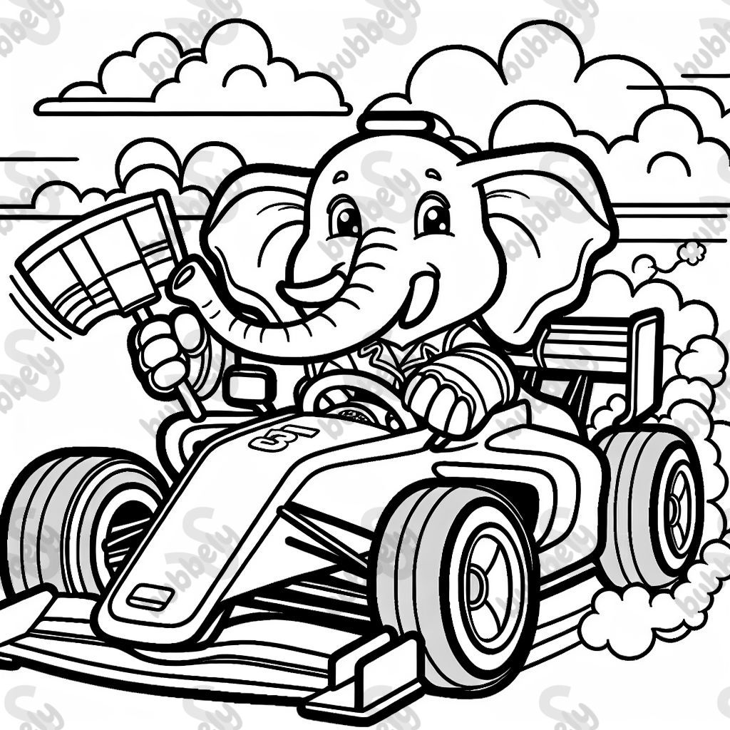 Ein Elefant, der ein Formel 1 Auto fährt