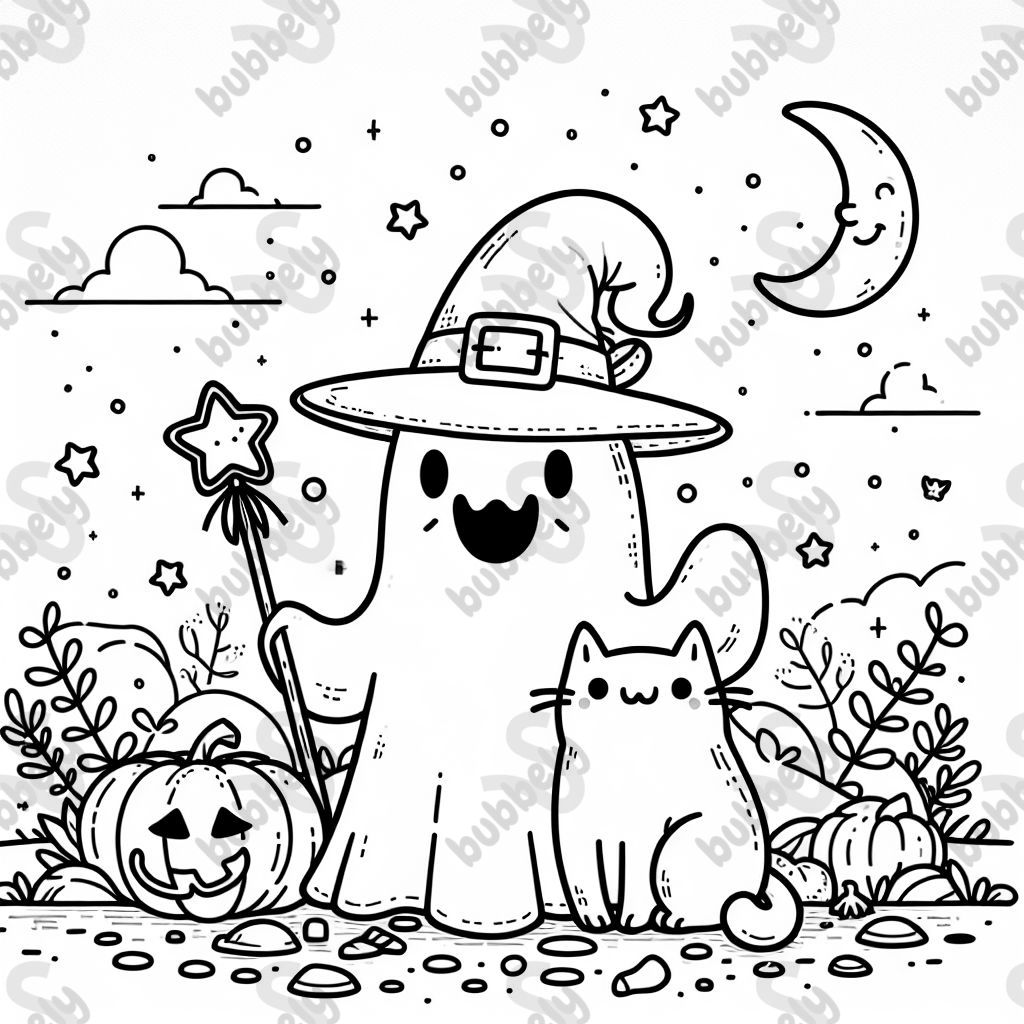 Geisterschlumpf mit Hexenhut und Katze und Zauberstab