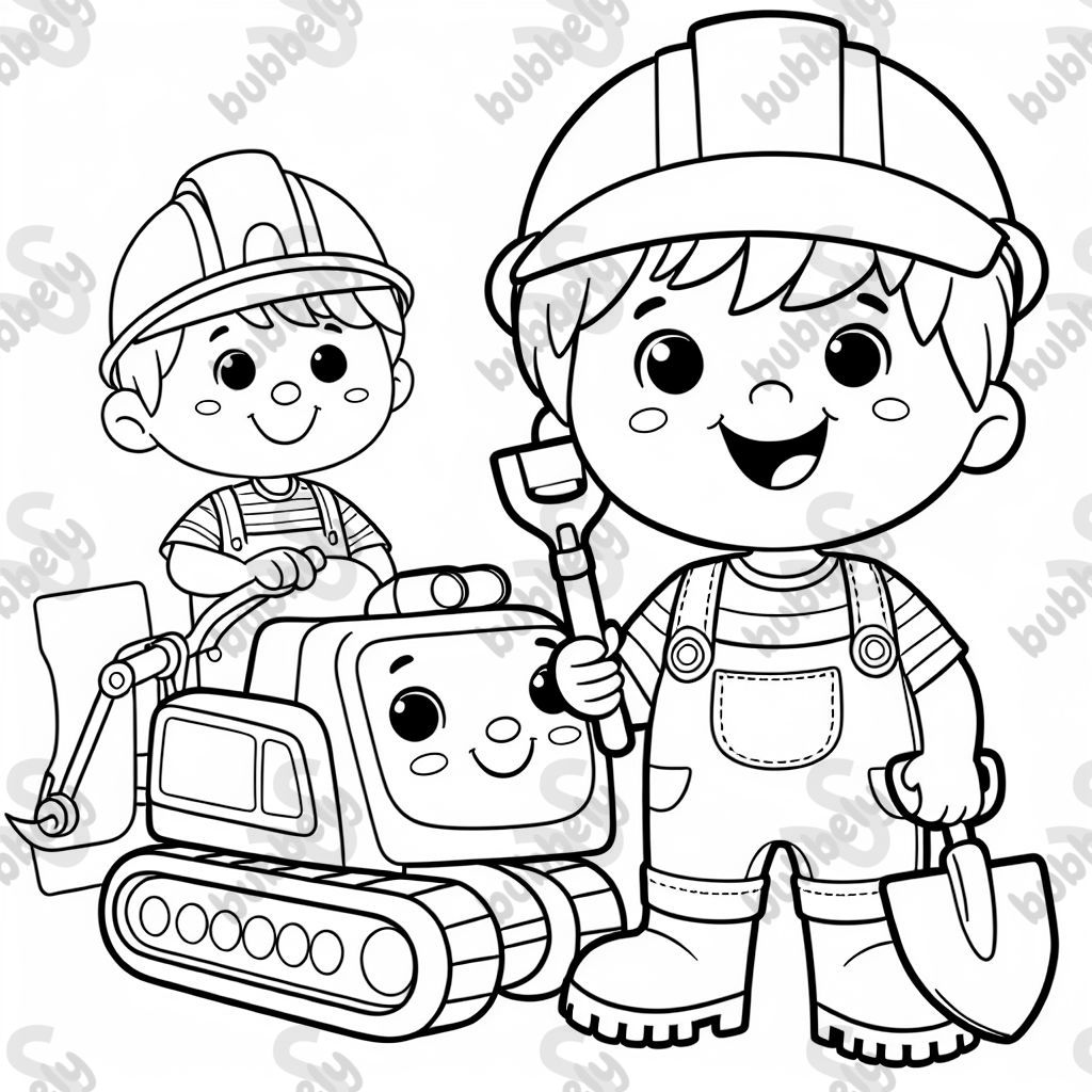 zwei Bagger mit lächelndem Gesicht und ein kleiner Junge mit Latzhose, Bauarbeiterhelm und Schaufel in der Hand zwei Bagger mit lächelndem Gesicht und ein kleiner Junge mit Latzhose, Bauarbeiterhelm und Schaufel in der Hand