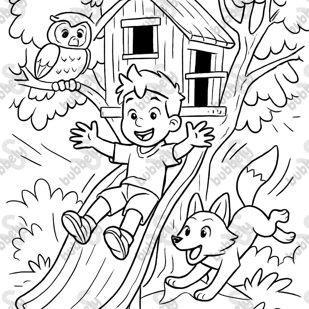Treehouse with slide and animals
