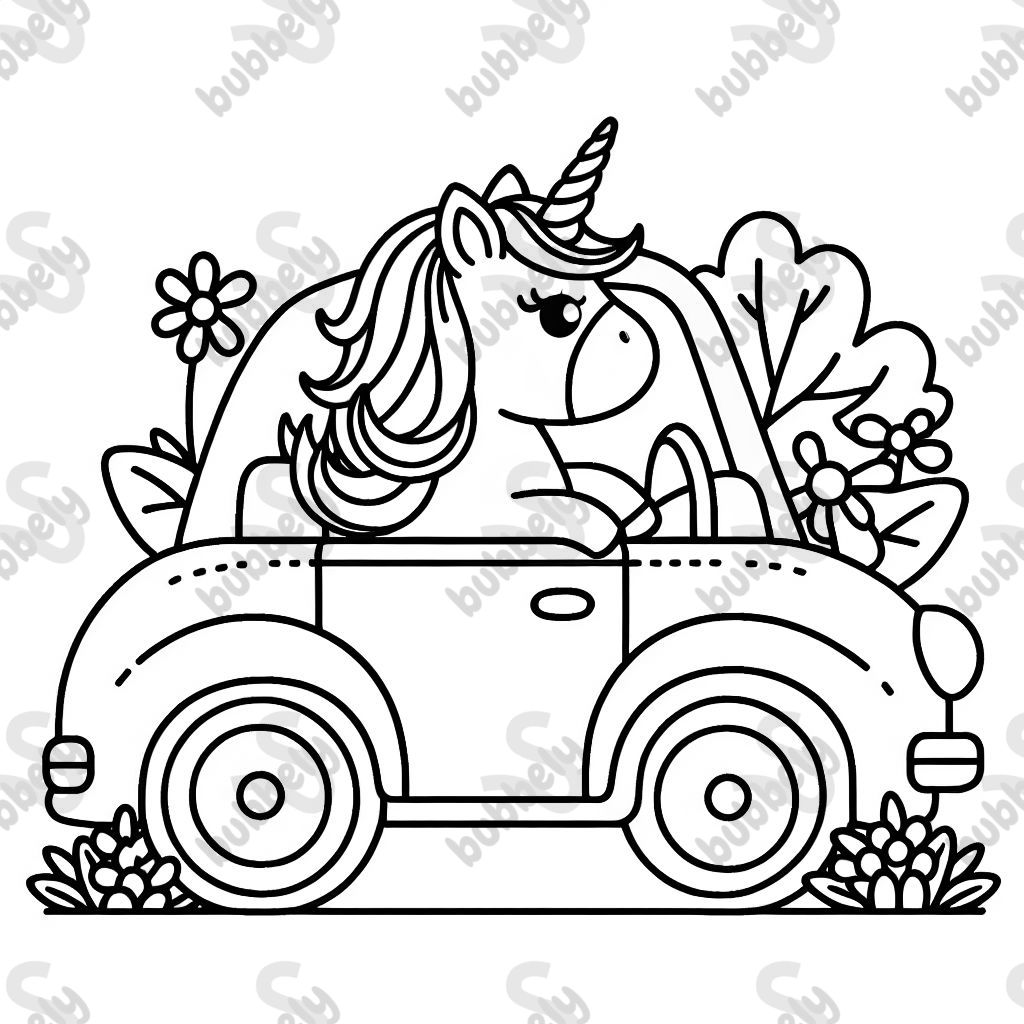 Unicorn in car with her head outside the window.