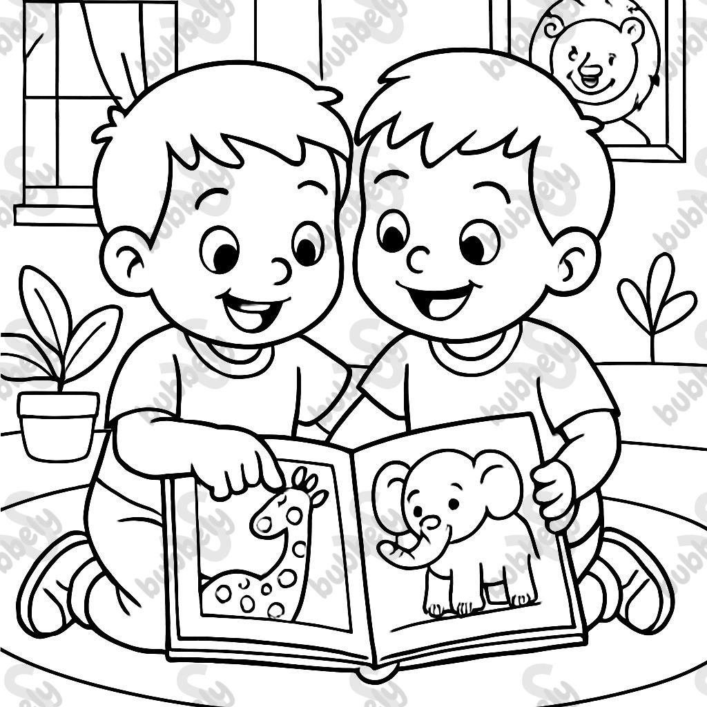 Twins looking at an animal album.