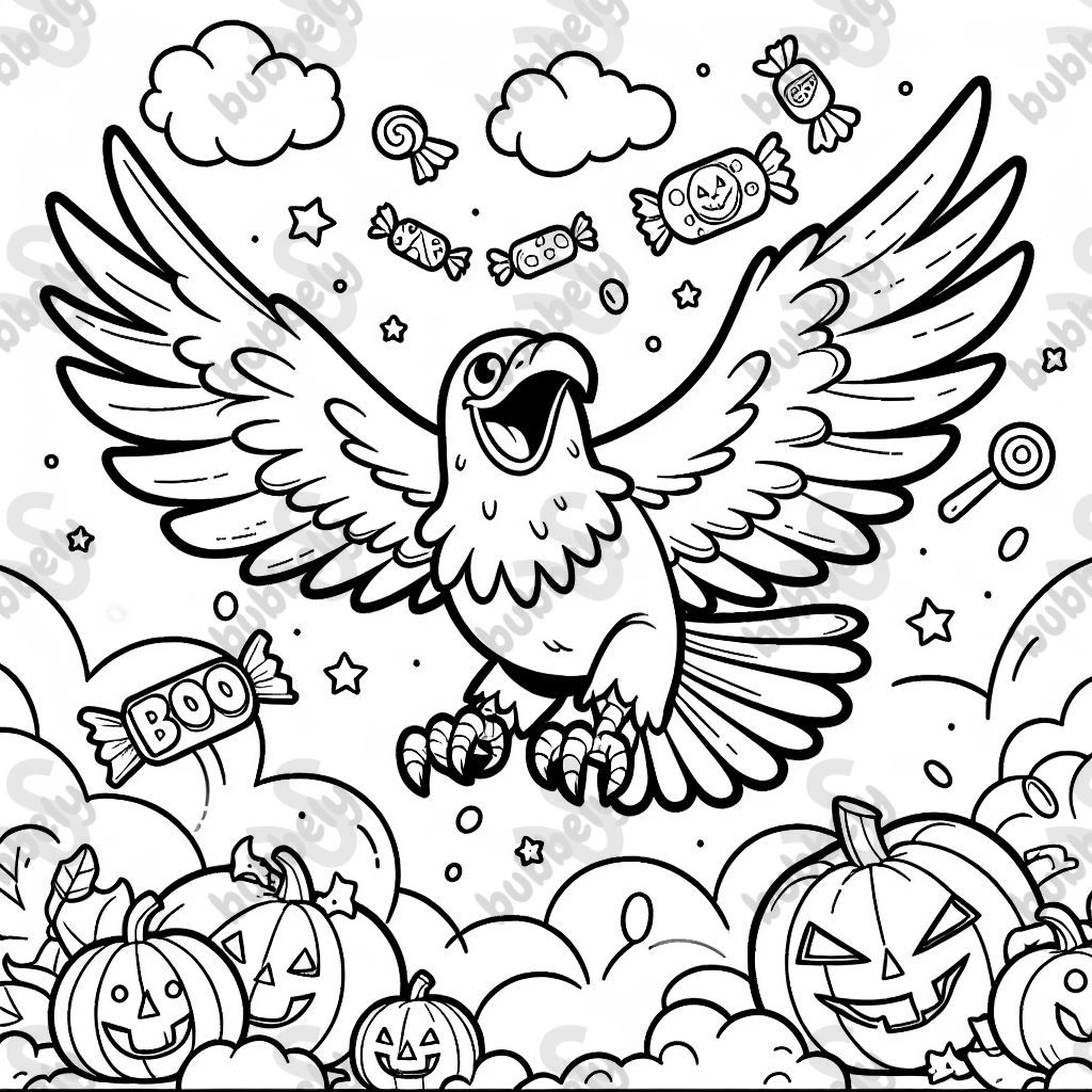 Eagle flying saying boo with pumpkins and candy