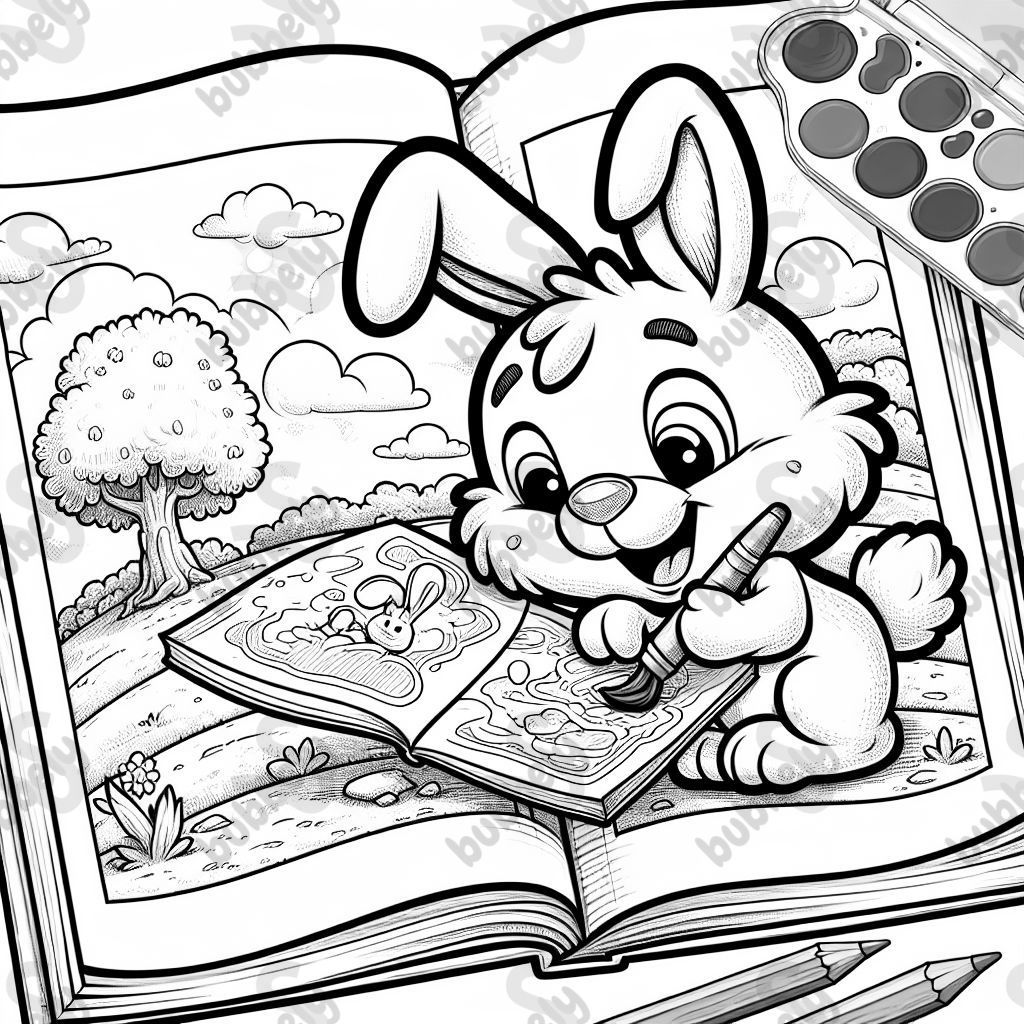 Un lapin en train de peindre sur un livre.