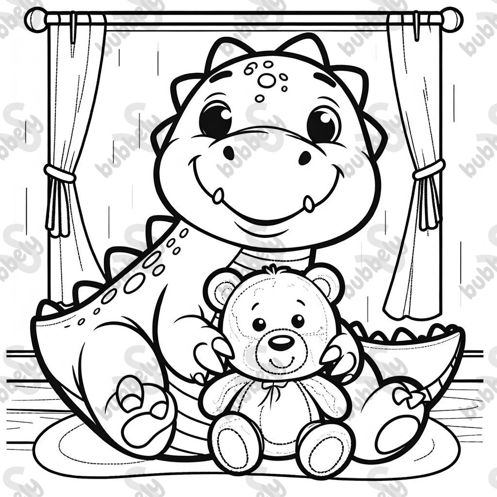 A big dinosaur smiling over a teddy bear