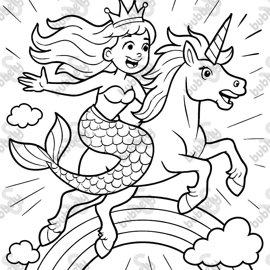 Mermaid with crown riding a unicorn over a rainbow