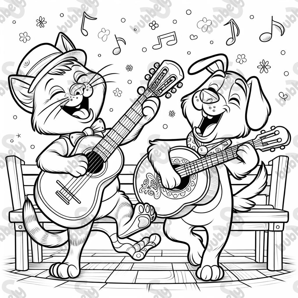 a cat playing the guitar and a dog playing a banjo