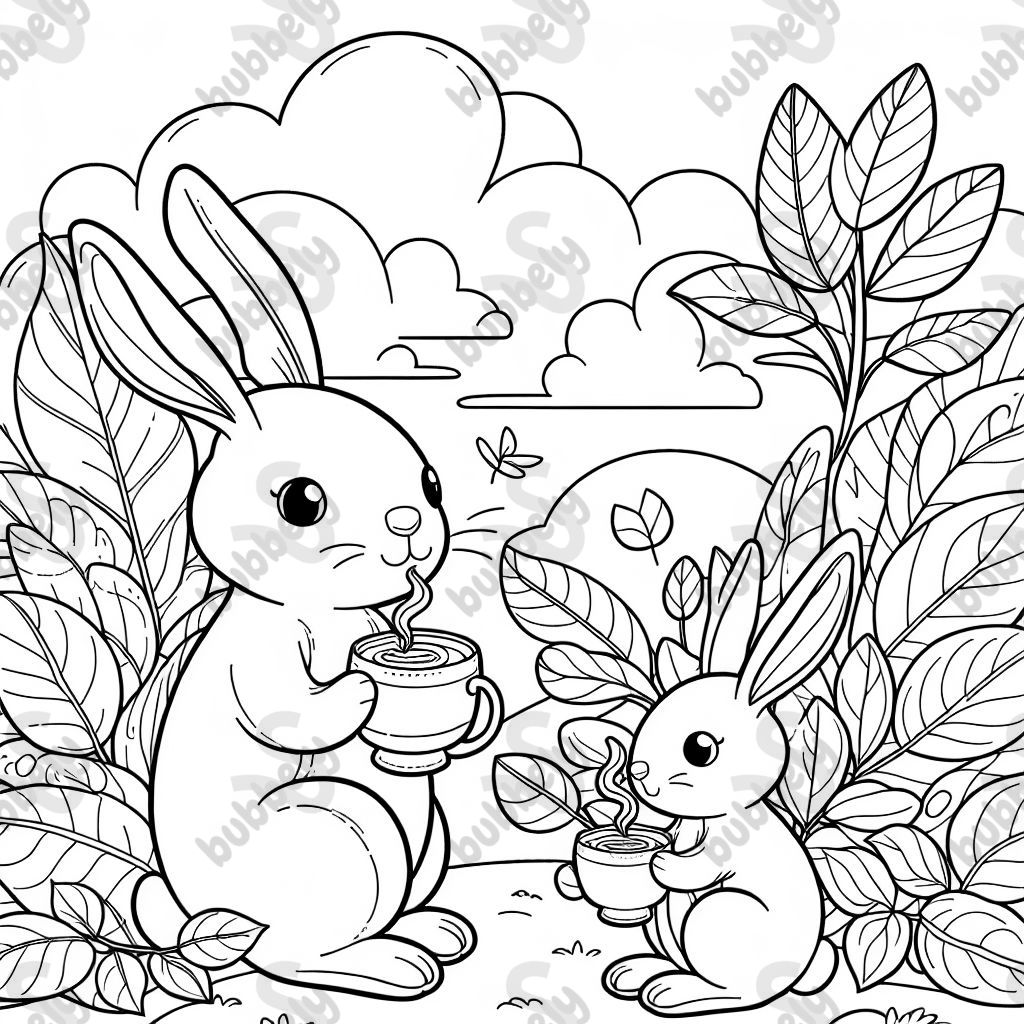 einen großen und einen kleinen hasen inmitten von bunten blättern, die kaffee trinken