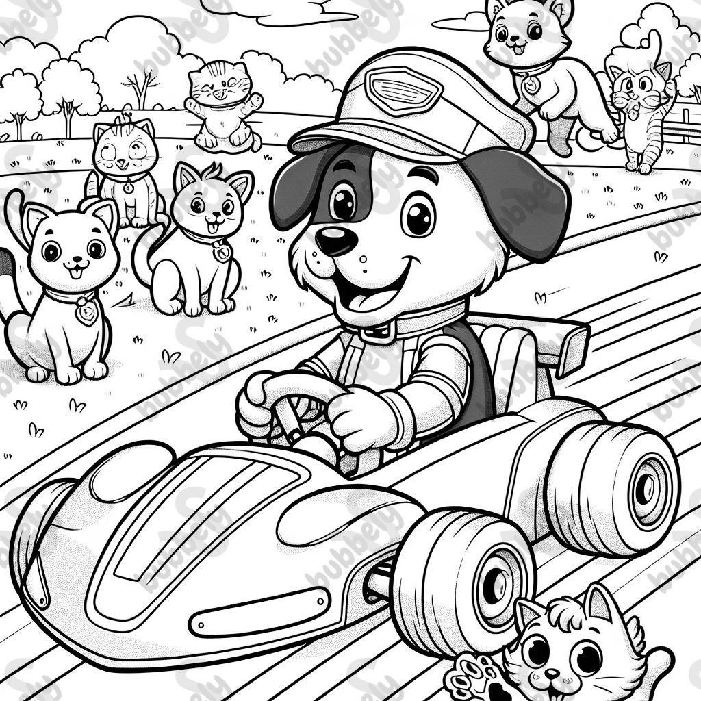 Dog driving race car while cats watch