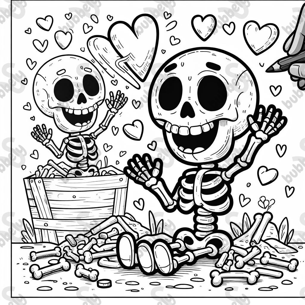 Loving skeleton with big heart above head 