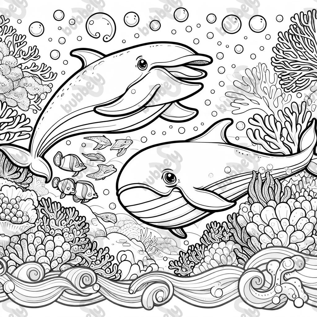 Whale and a dolphin in coral reef