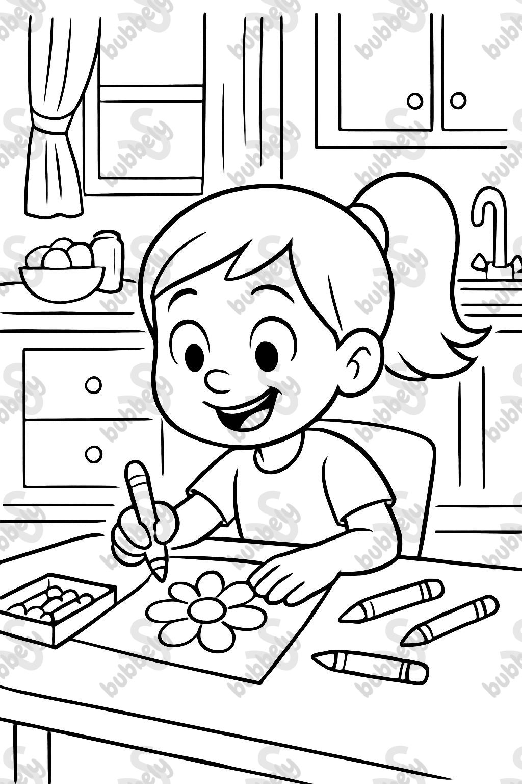 Fille de 6 ans avec une queue de cheval créant de l'art et coloriant à une table de cuisine. Fille de 6 ans avec une queue de cheval créant de l'art et coloriant à une table de cuisine.