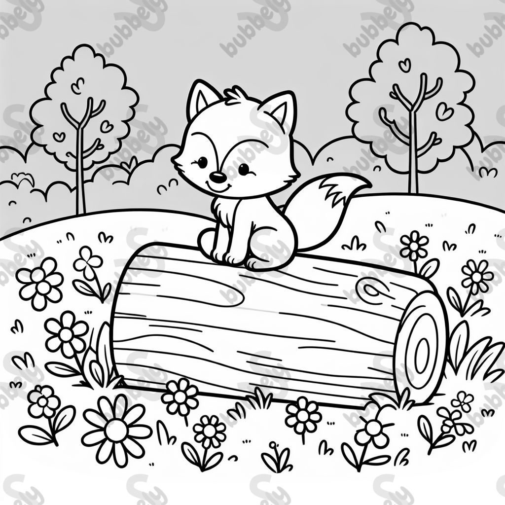 einen Fuchs, der auf einem Baumstamm inmitten einer Blumenwiese sitzt. 