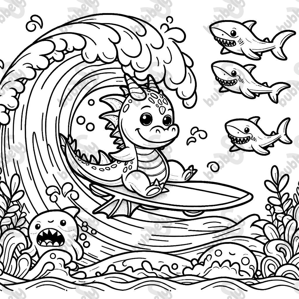 A dragon surfing a big wave with sharks