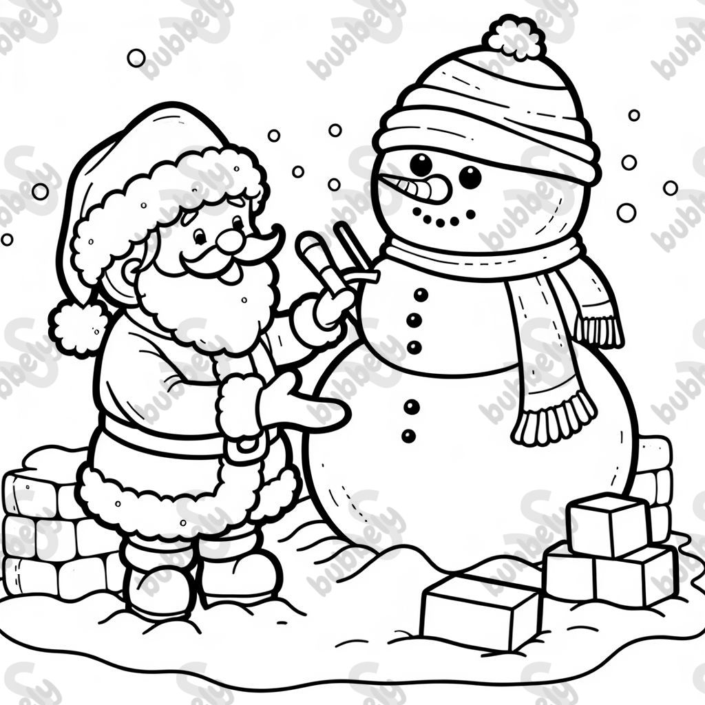 Santa building a snowman.