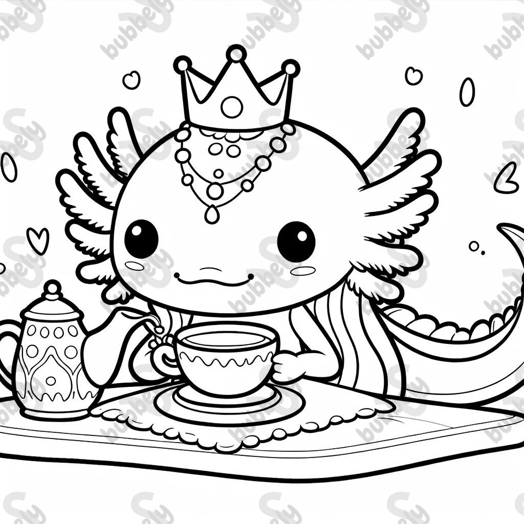 cute axolotl princess having tea