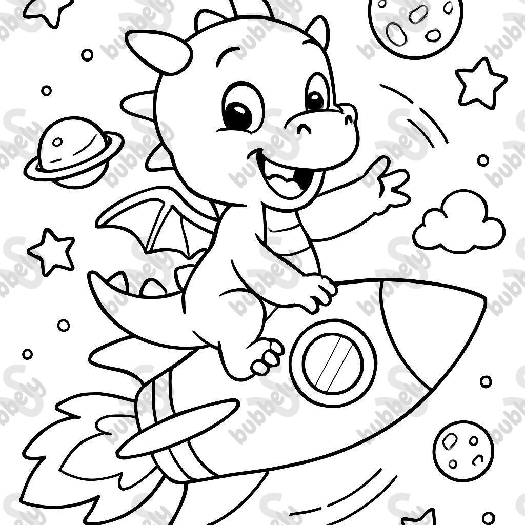 A little dragon riding a rocket.
