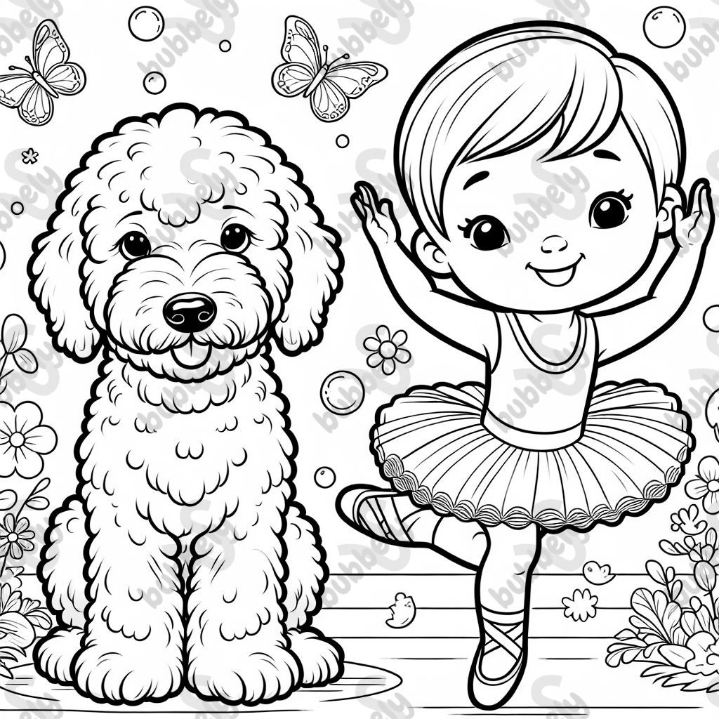goldendoodle puppy and toddler asian american ballerina with short hair