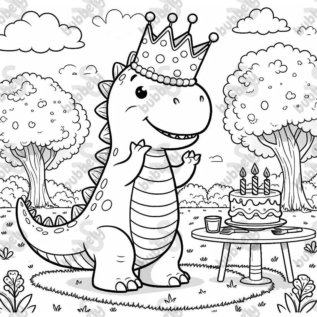 einen Dino mit einer Krone auf der Leenke steht und der geburtstag feiert