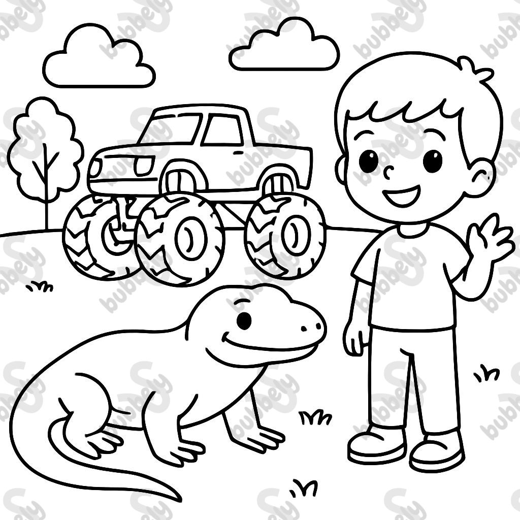 a komodo dragon, a monster truck and a little boy