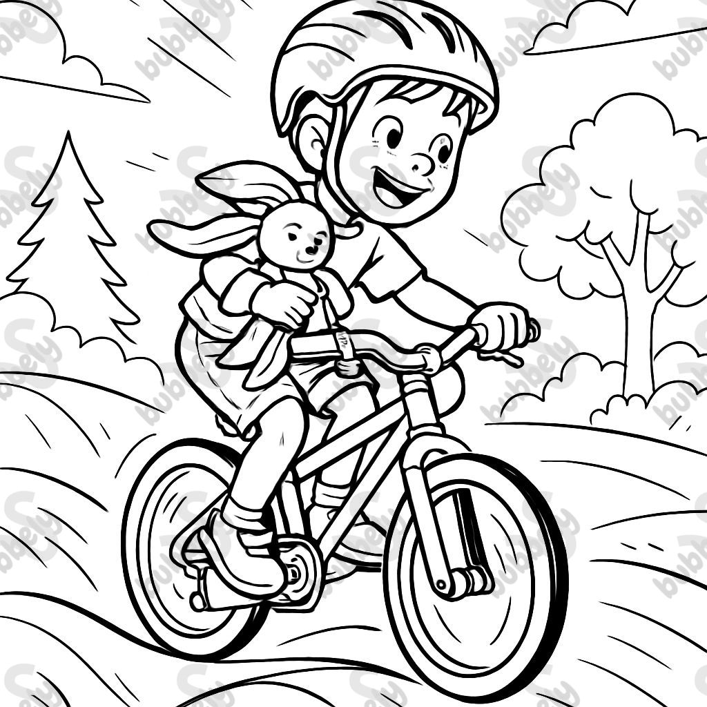 6-year-old boy with a comforter bunny on a bike on a pump track
