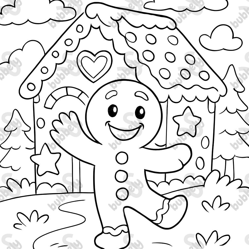 Gingerbread man in front of gingerbread house