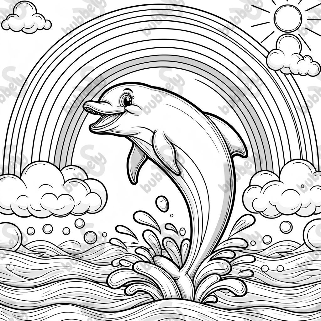 a dolphin that is jumping out of the water with a rainbow in the background