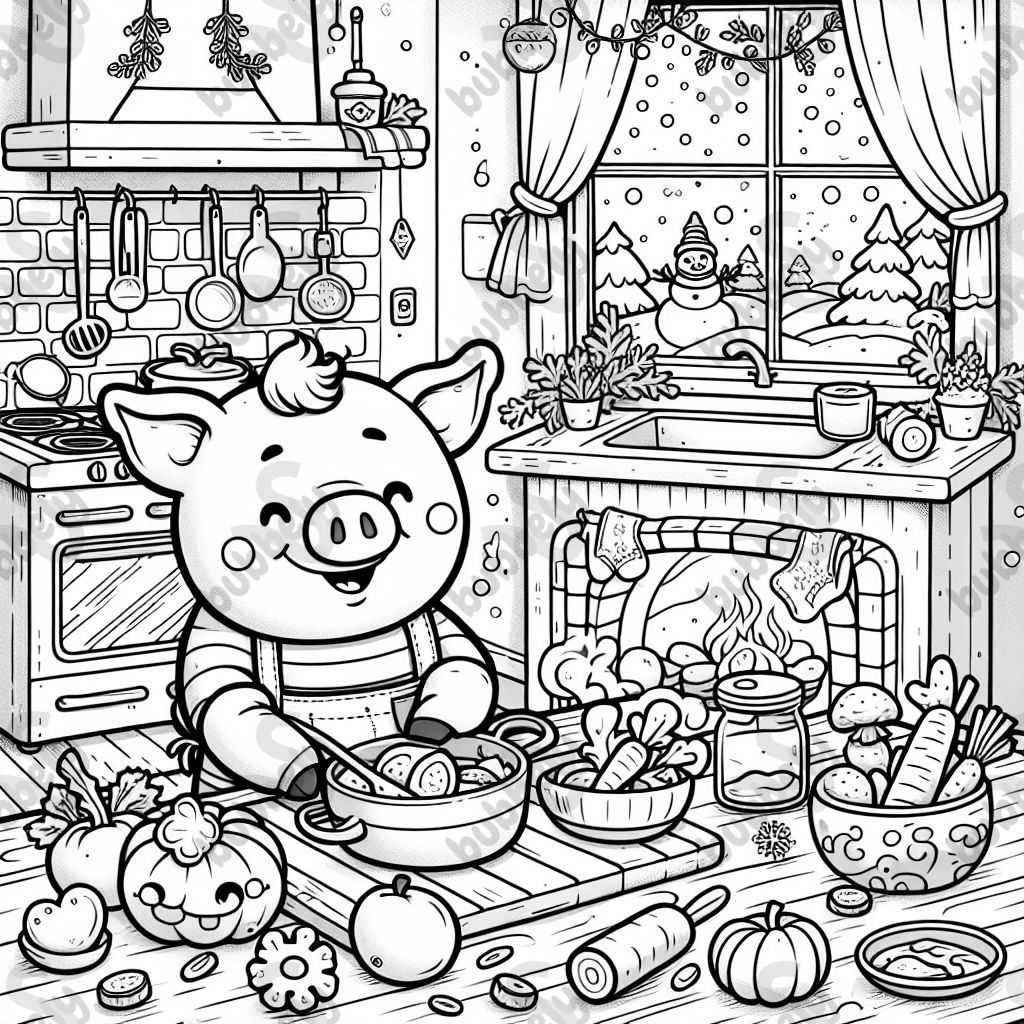 pig cooking in a cozy kitchen during winter