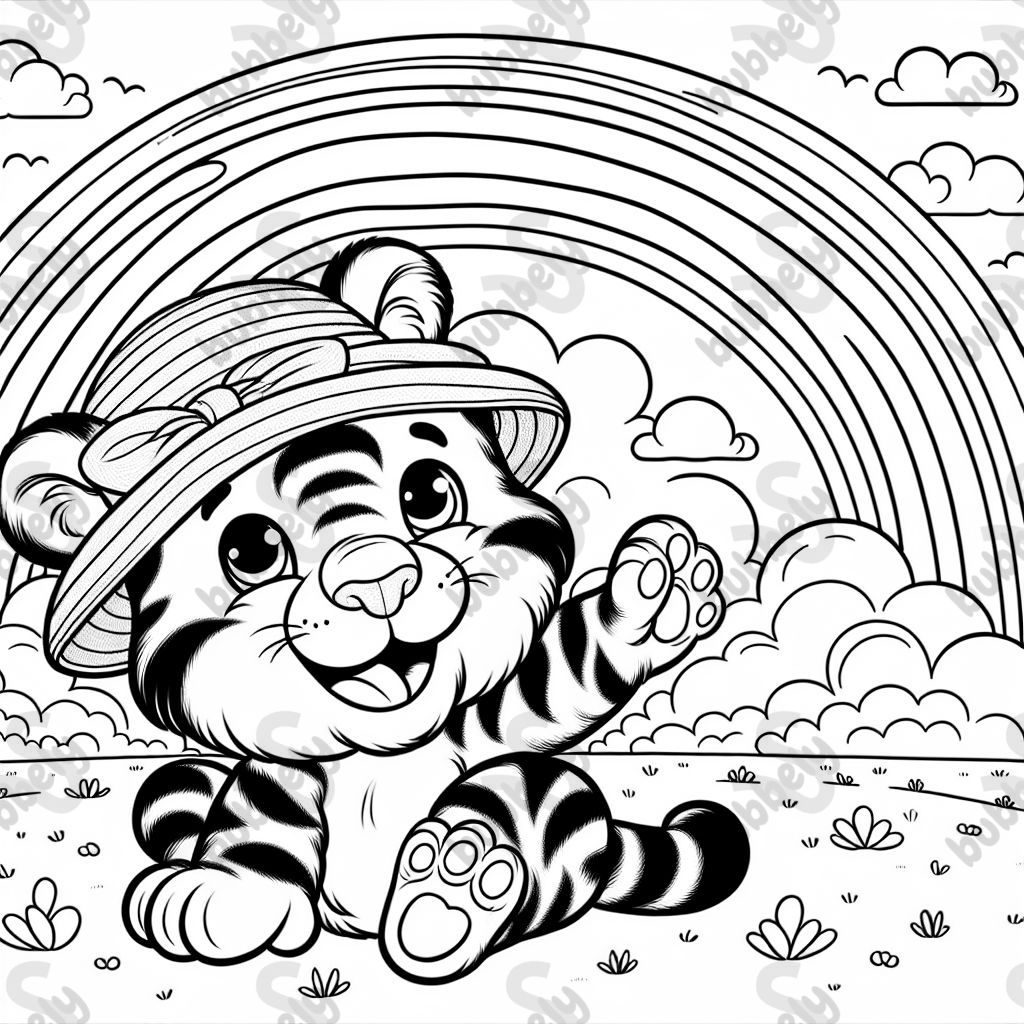 A tiger wearing a hat on a rainbow