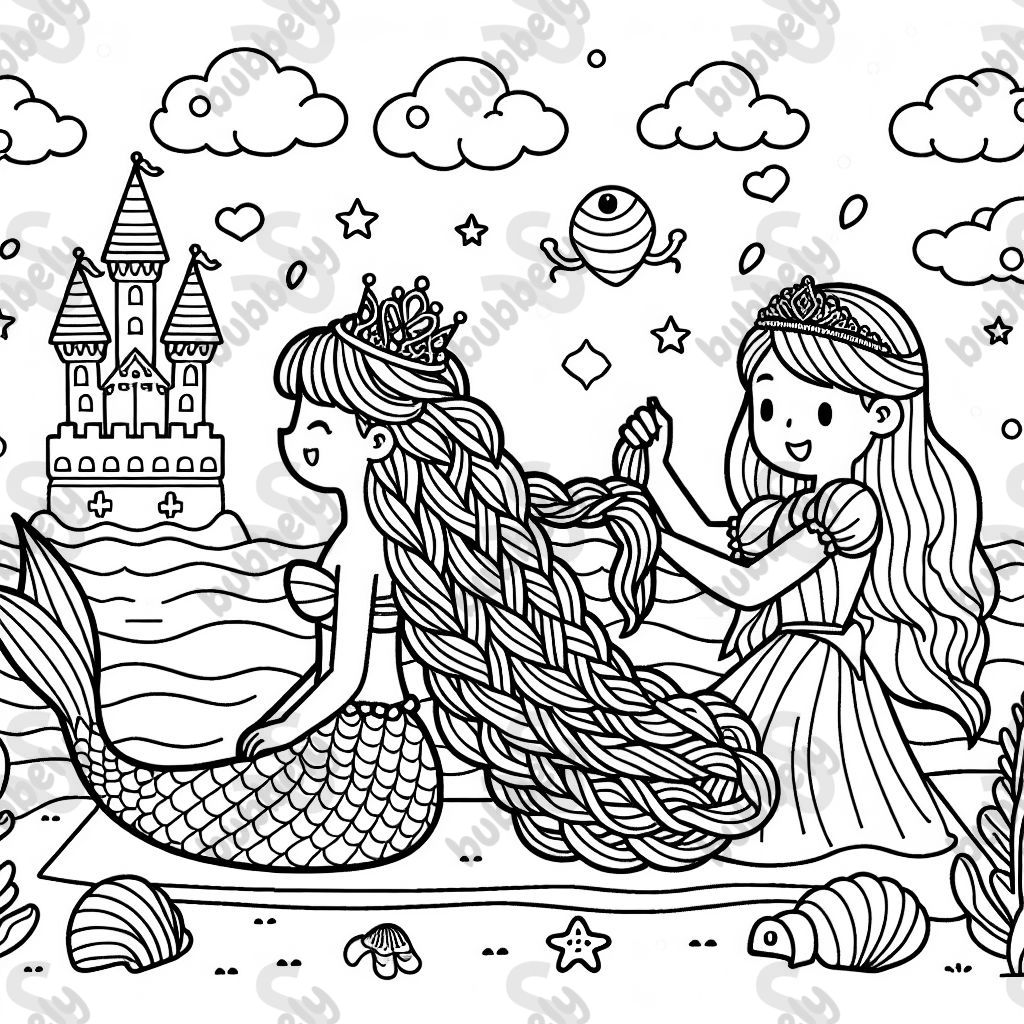 eine prinzessin mit langen haaren flechtet einer meerjungfrau mit sehr langen haaren einen zopf