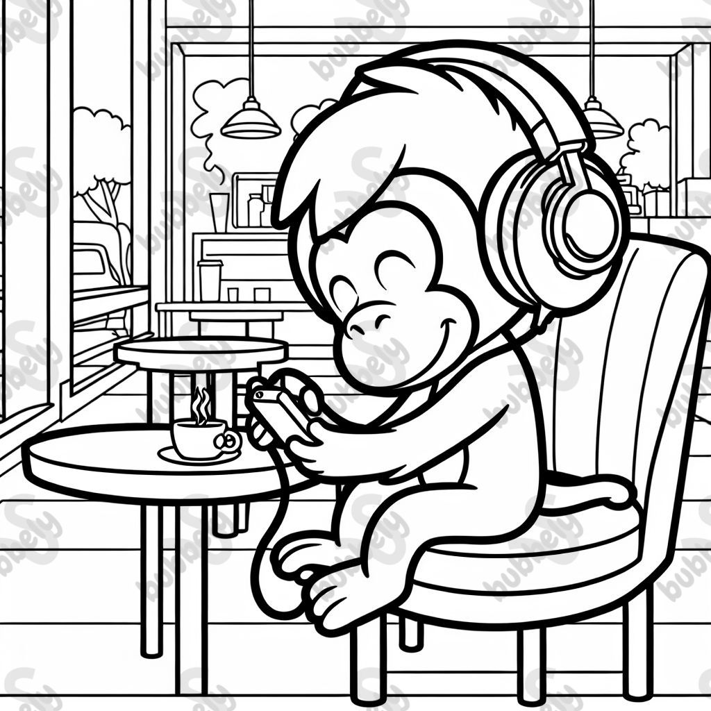 A monkey with headphones on listening to music while sitting in a coffee shop