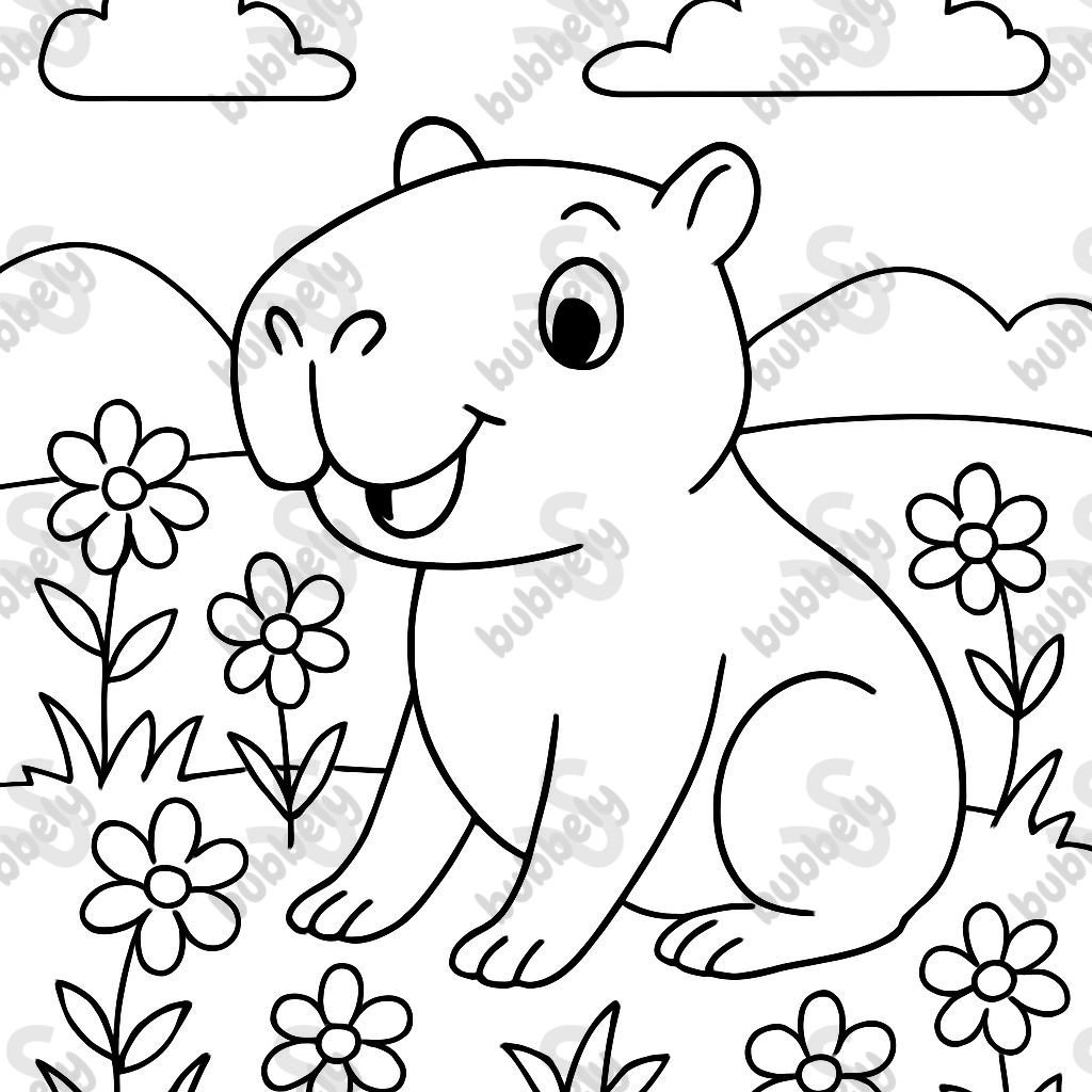 Capybara in a field of flowers