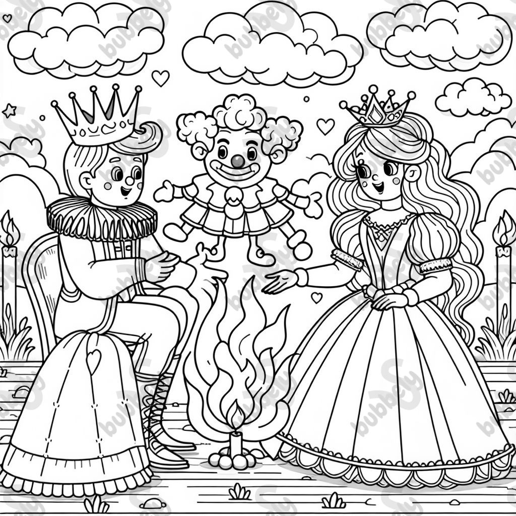 a prince and a princess with a clown