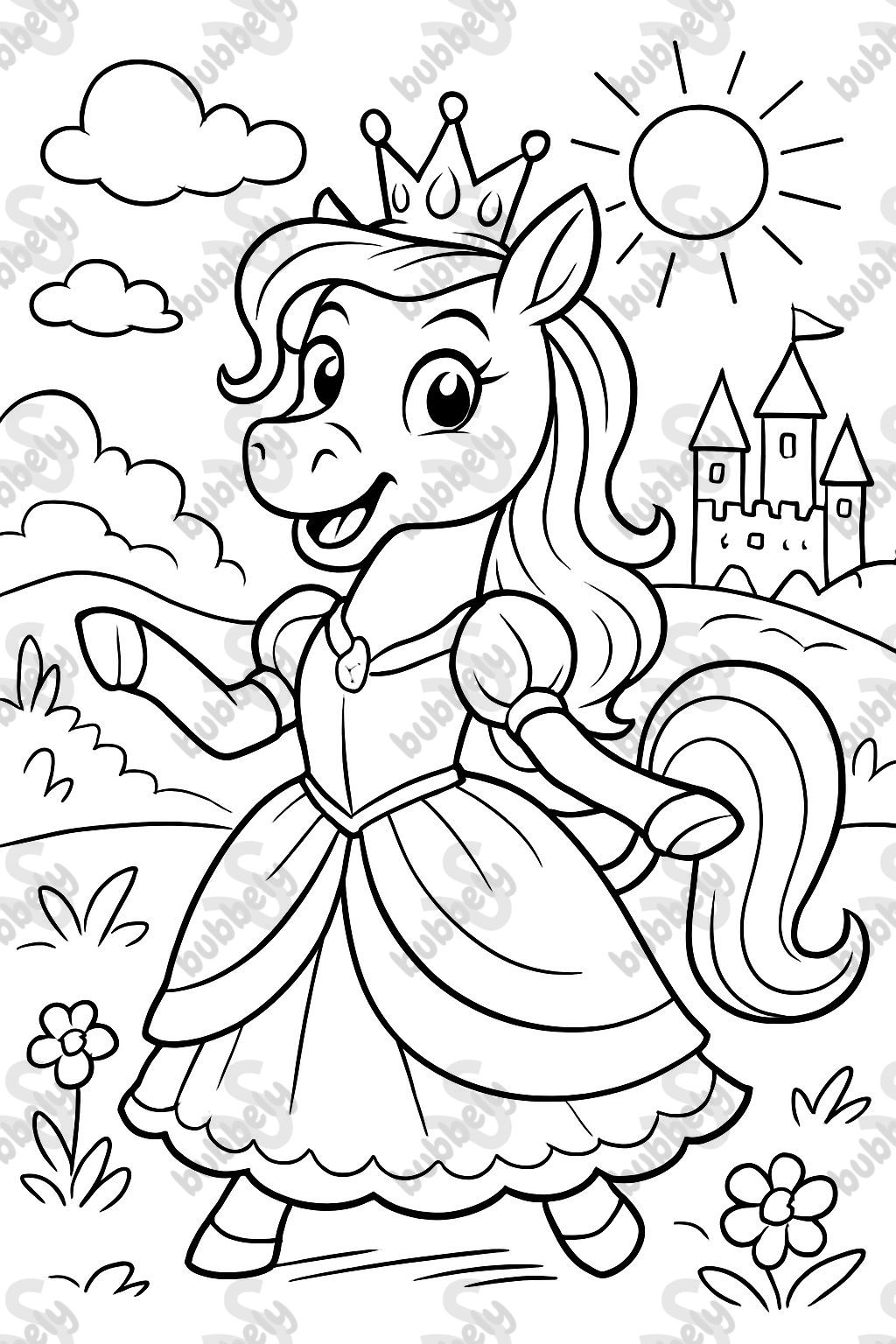 A horse in a princess dress with a crown