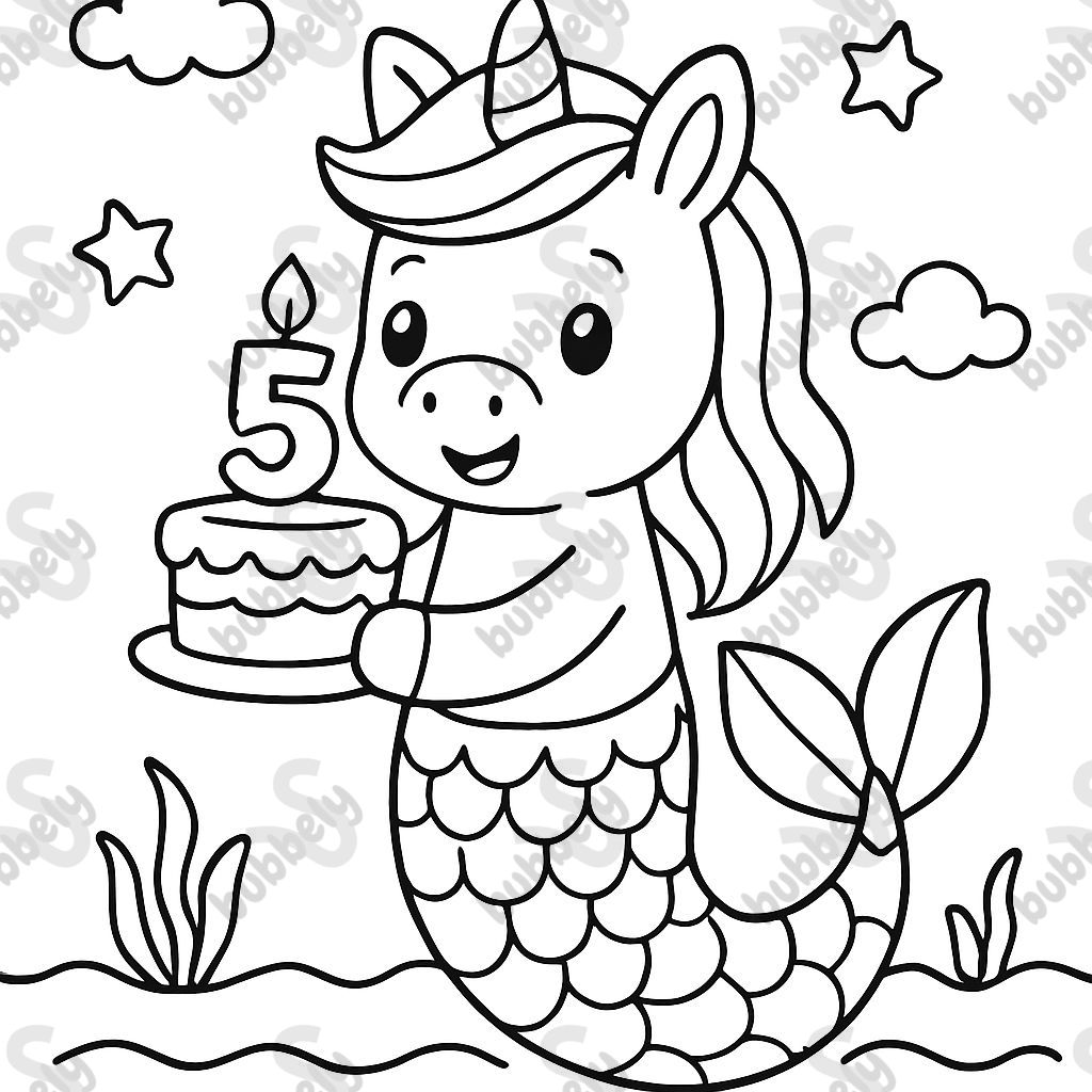 A mermaid unicorn holding a birthday cake with the number 5. A mermaid unicorn holding a birthday cake with the number 5.