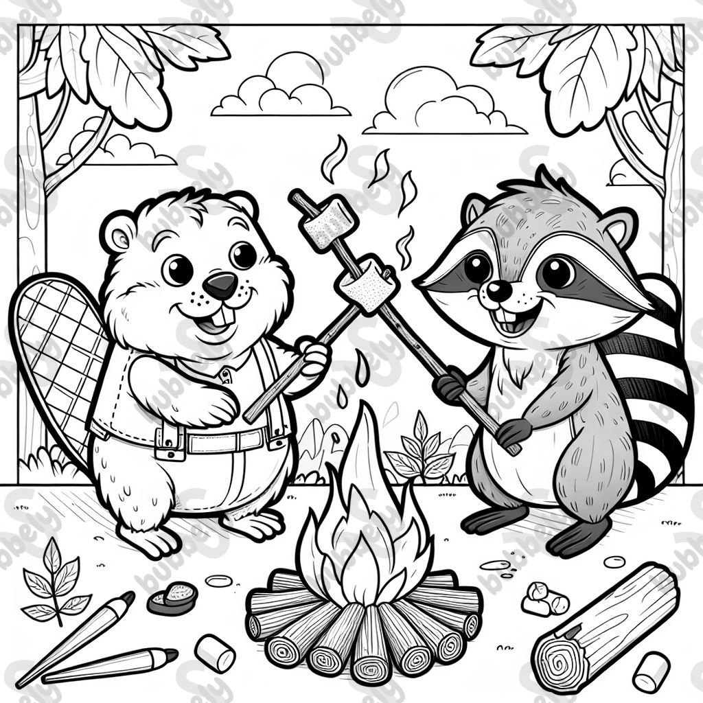 a beaver and a racoon roasting marshmallows