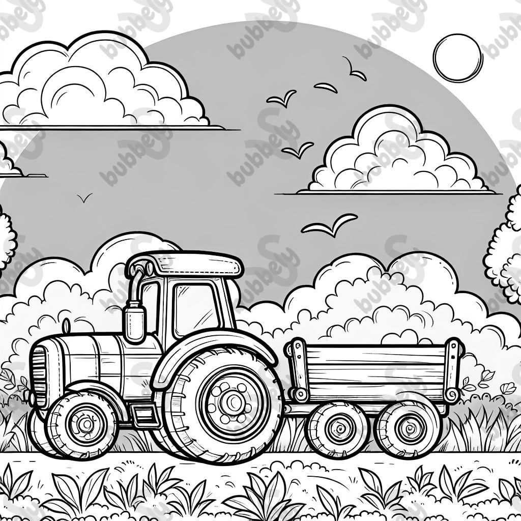 Green Tractor with a wagon driving in a field