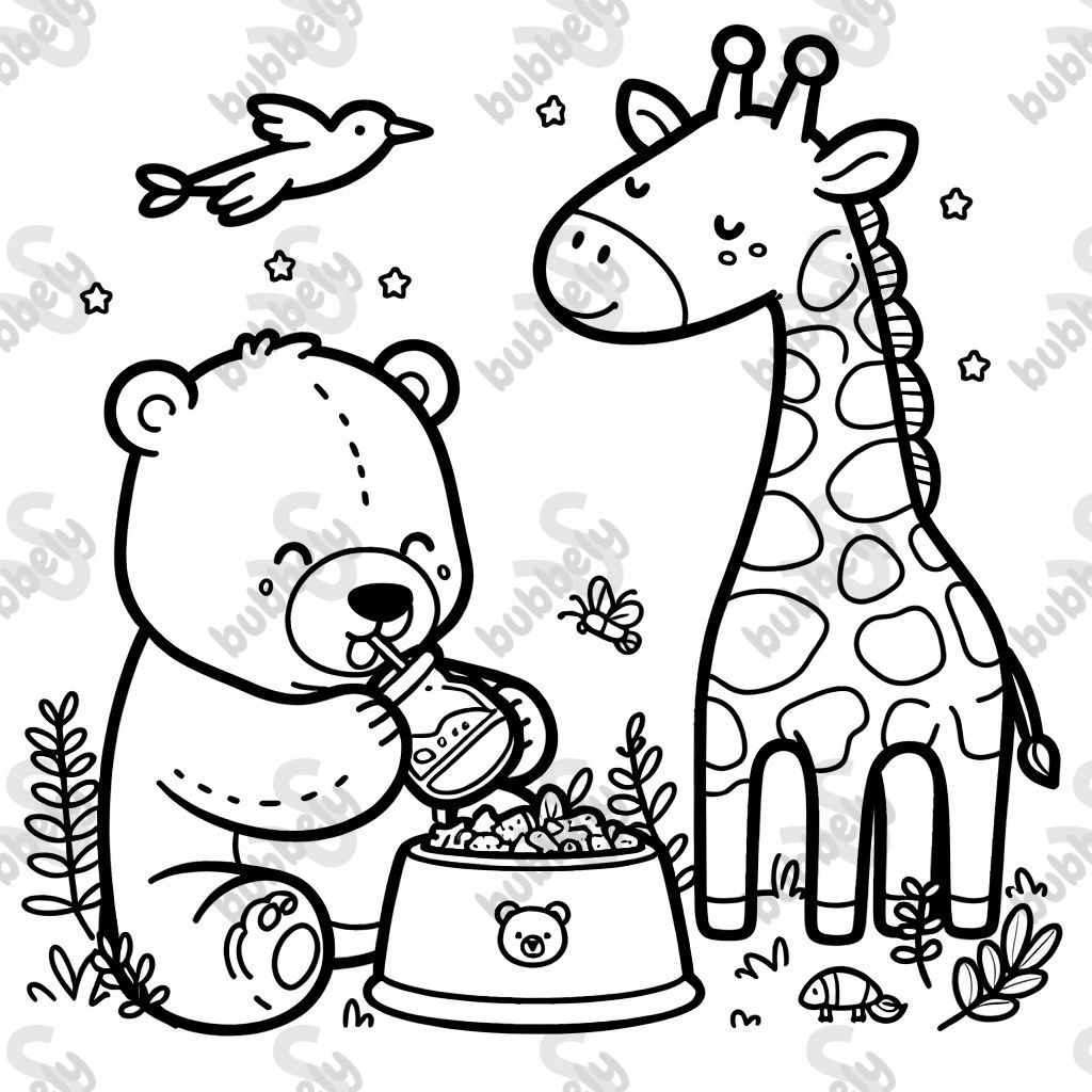 Bear eating with a giraffe 