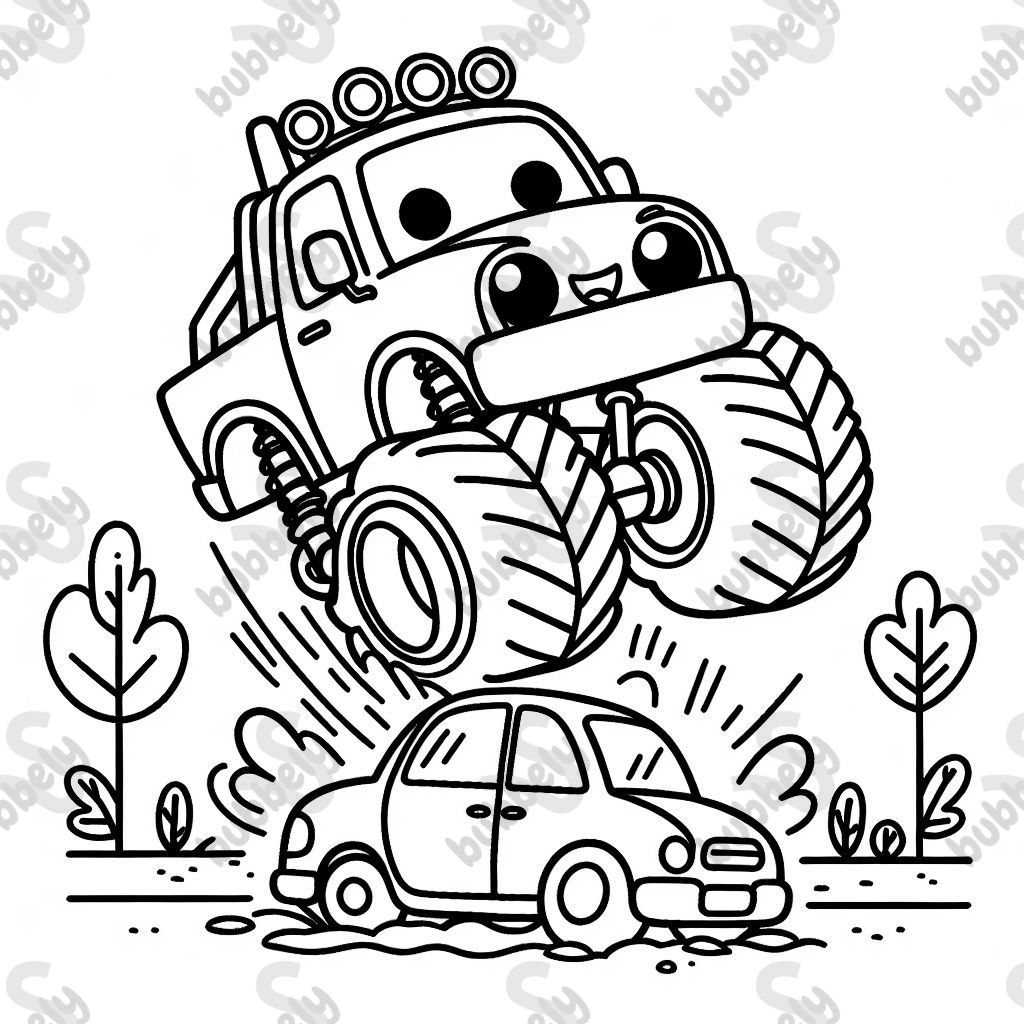 Einen Monstertruck der auf ein Auto fährt