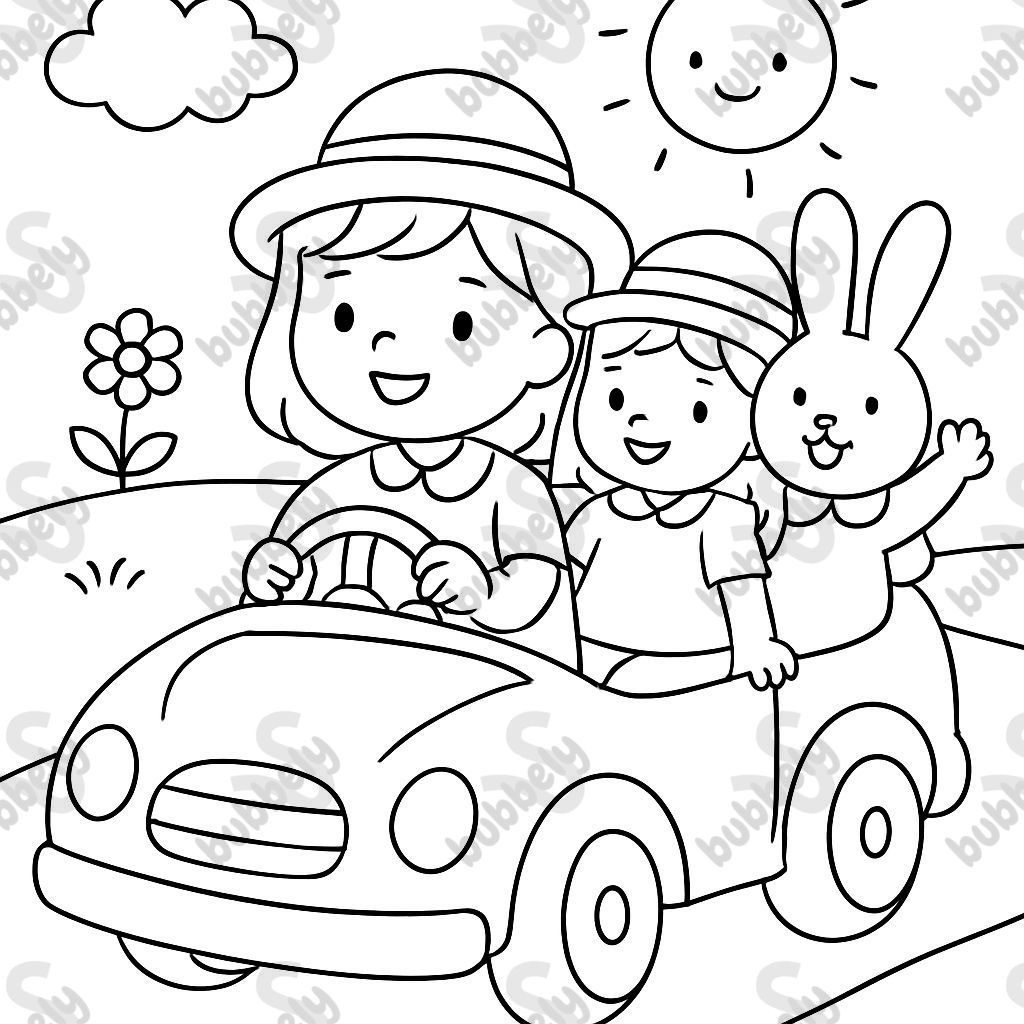 A bunny and little girl in a car with hats on and dresses with pants underneath with another little girl driving the car.