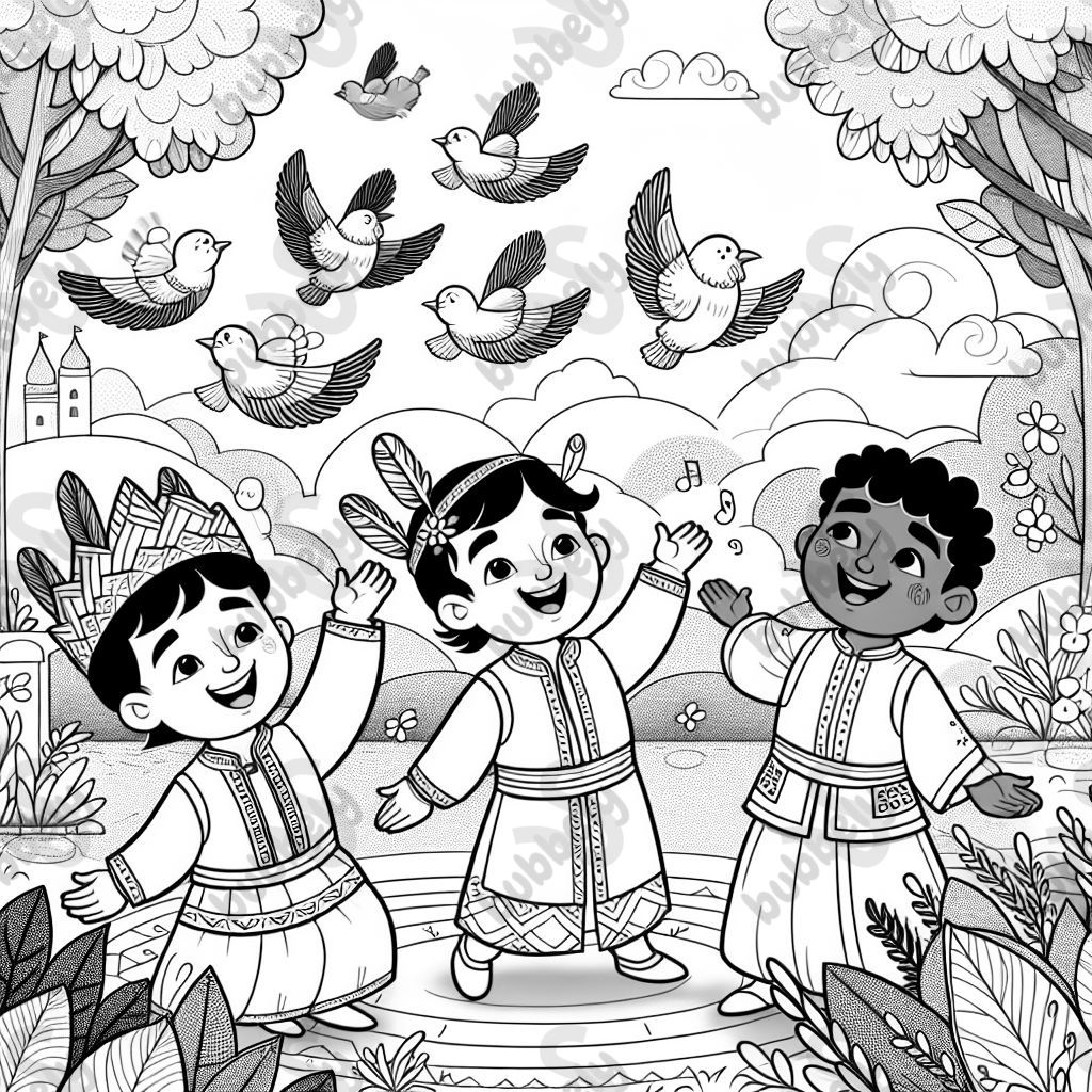 Trois plumes volantes et trois princes s'envolant dans les airs pour des aventures. Trois plumes volantes et trois princes s'envolant dans les airs pour des aventures.