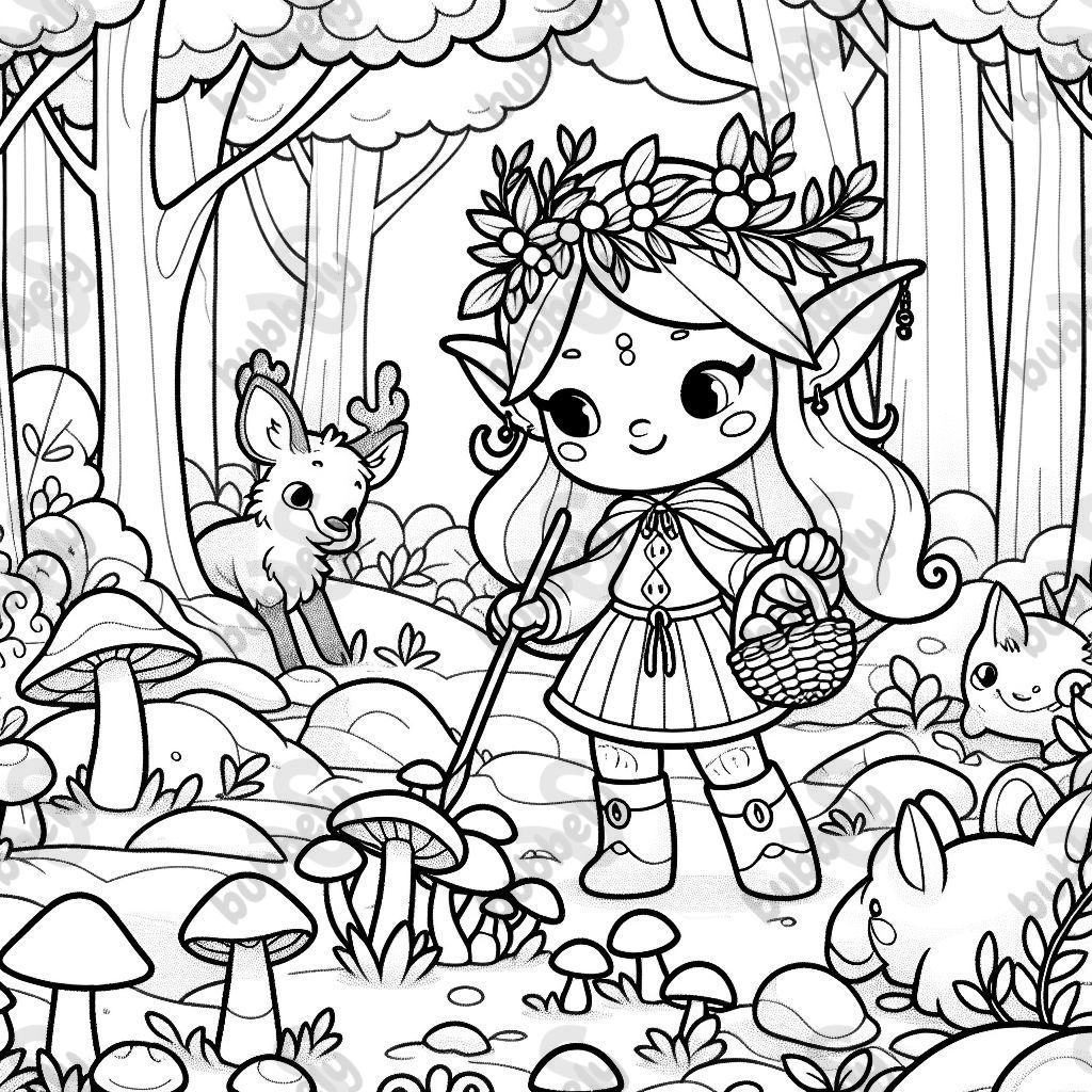 Kleiner Baumgeist und weibliche Druidin sammeln gemeinsam Pilze im Wald während sie von Waldtieren beobachtet werden Kleiner Baumgeist und weibliche Druidin sammeln gemeinsam Pilze im Wald während sie von Waldtieren beobachtet werden