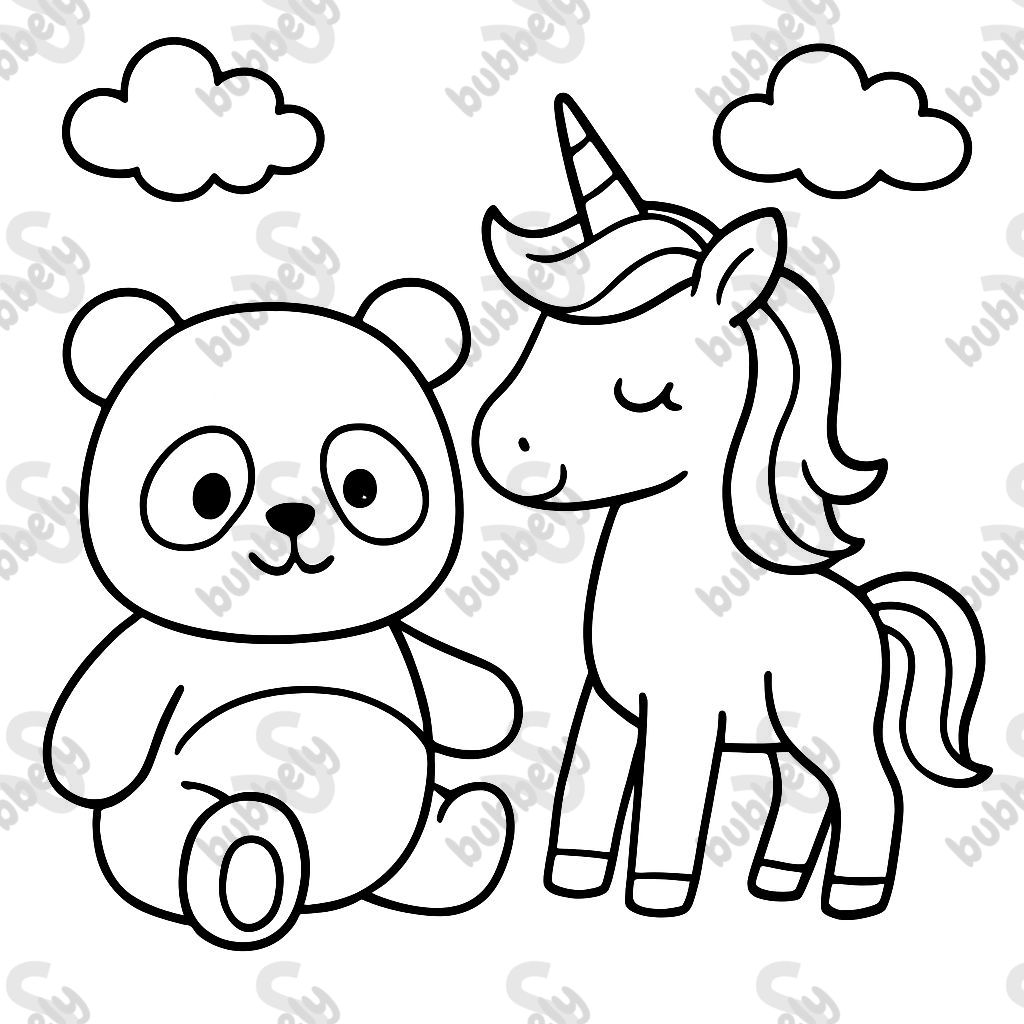 a panda and unicorn with clouds