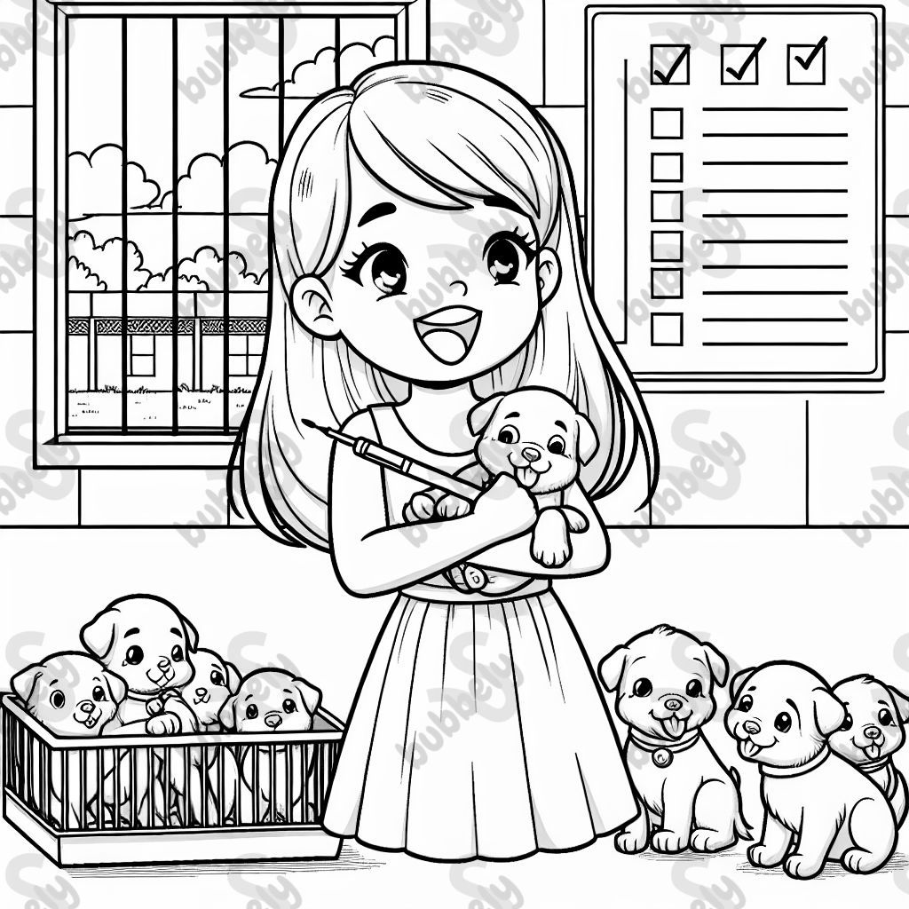 A girl in an animal shelter. She is looking at puppies she would like to adopt. She has a puppy in her arms. A girl in an animal shelter. She is looking at puppies she would like to adopt. She has a puppy in her arms.