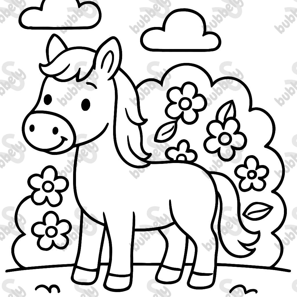 a horse in front of a bush with many flowers around