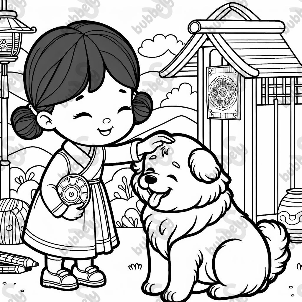 A little girl gently petting a dog