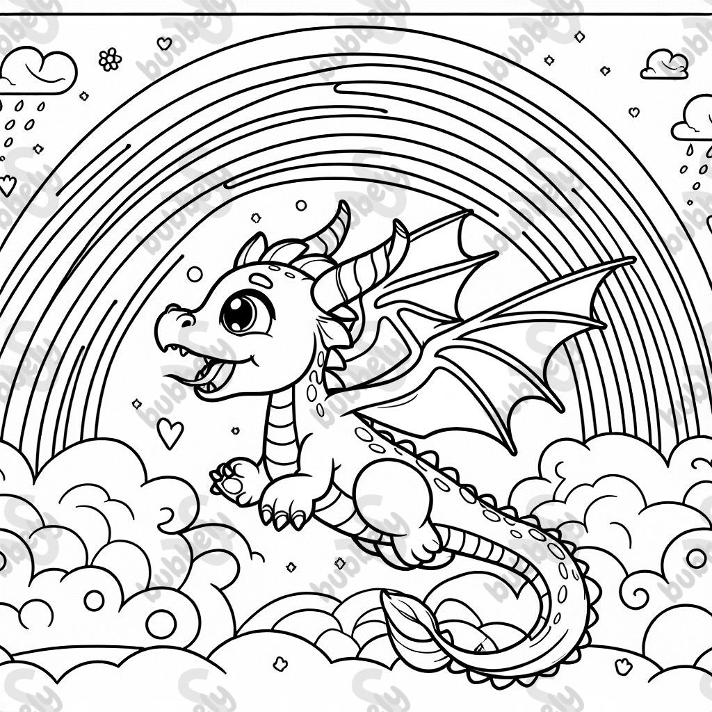 A cute dragon flying past a rainbow