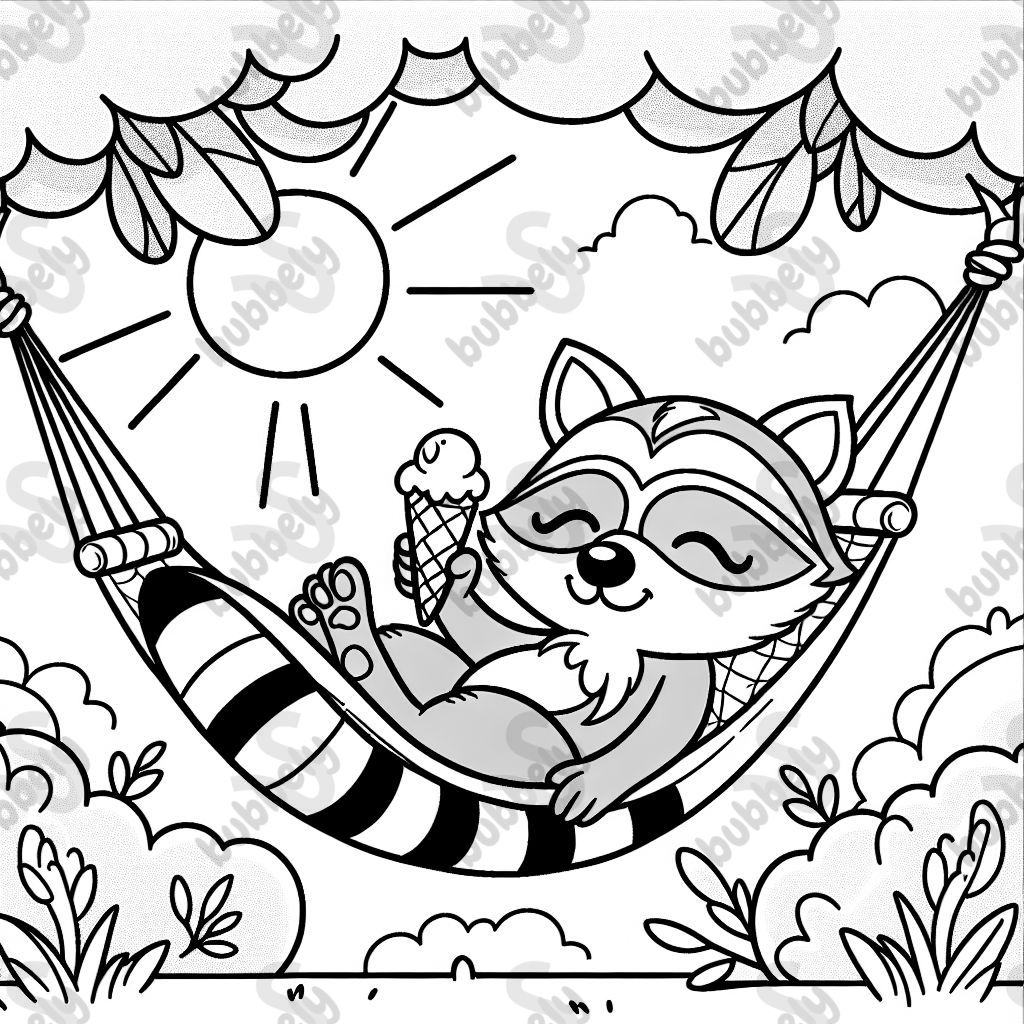 Waschbär der ein Eis in der Hängematte isst