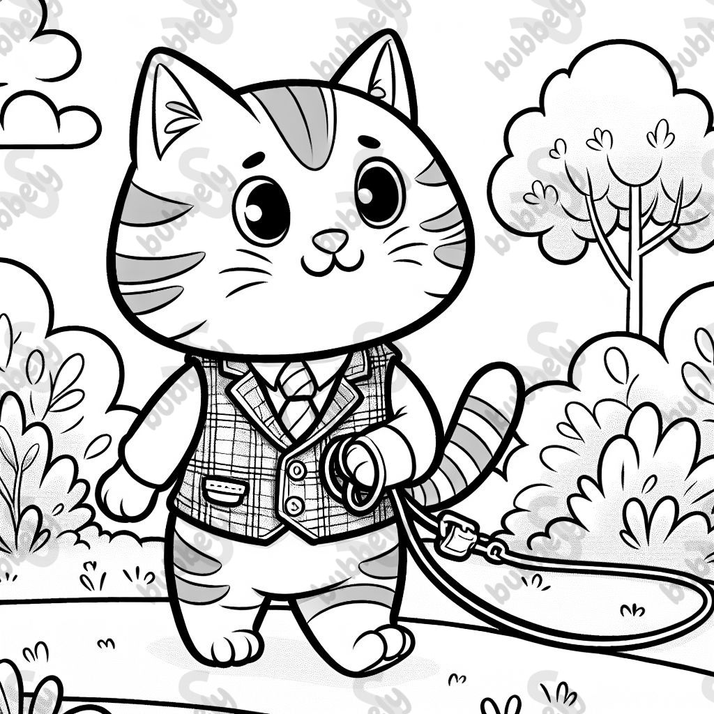 a tabby cat with a vest; on a leash